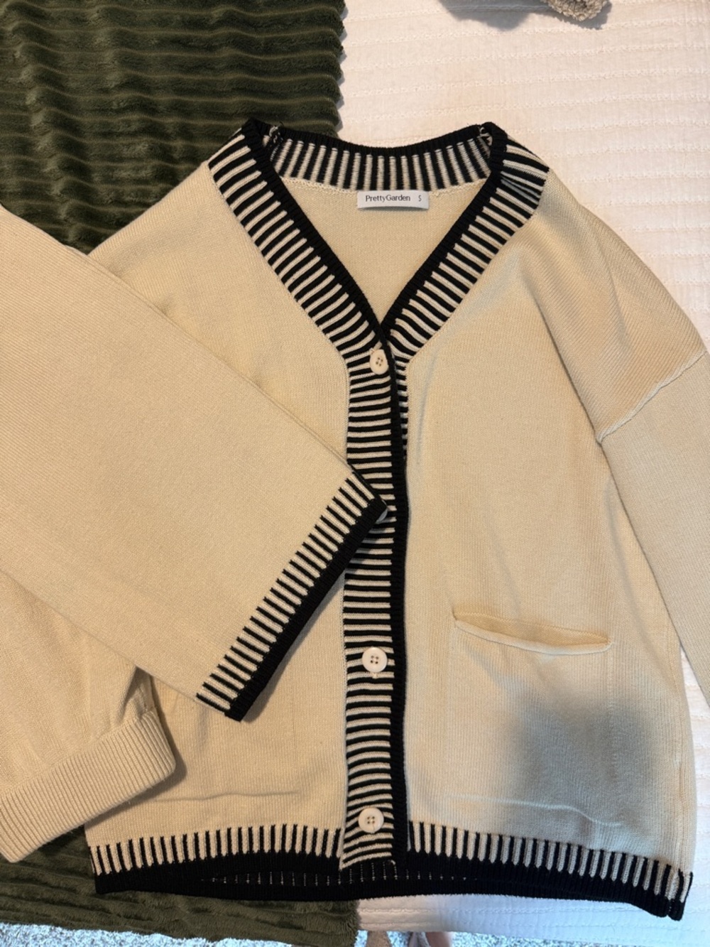 Amazon Lounge Set Cream Button-Front Cardigan with Black Trim & matching pants